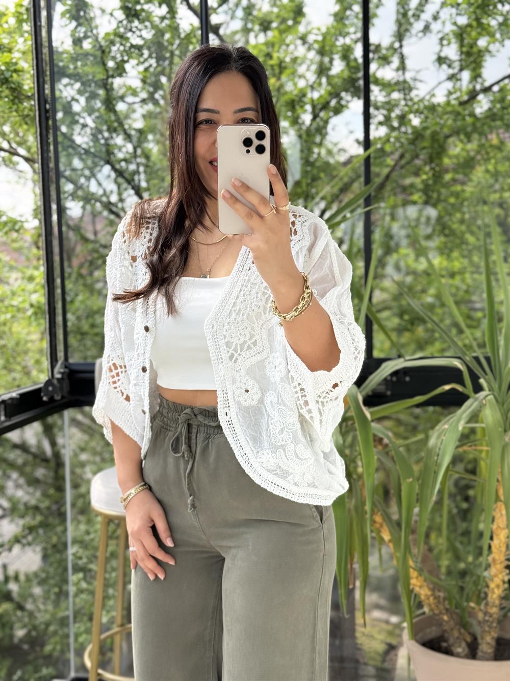 Payetli Örme Kısa Kol Hırka Beyaz