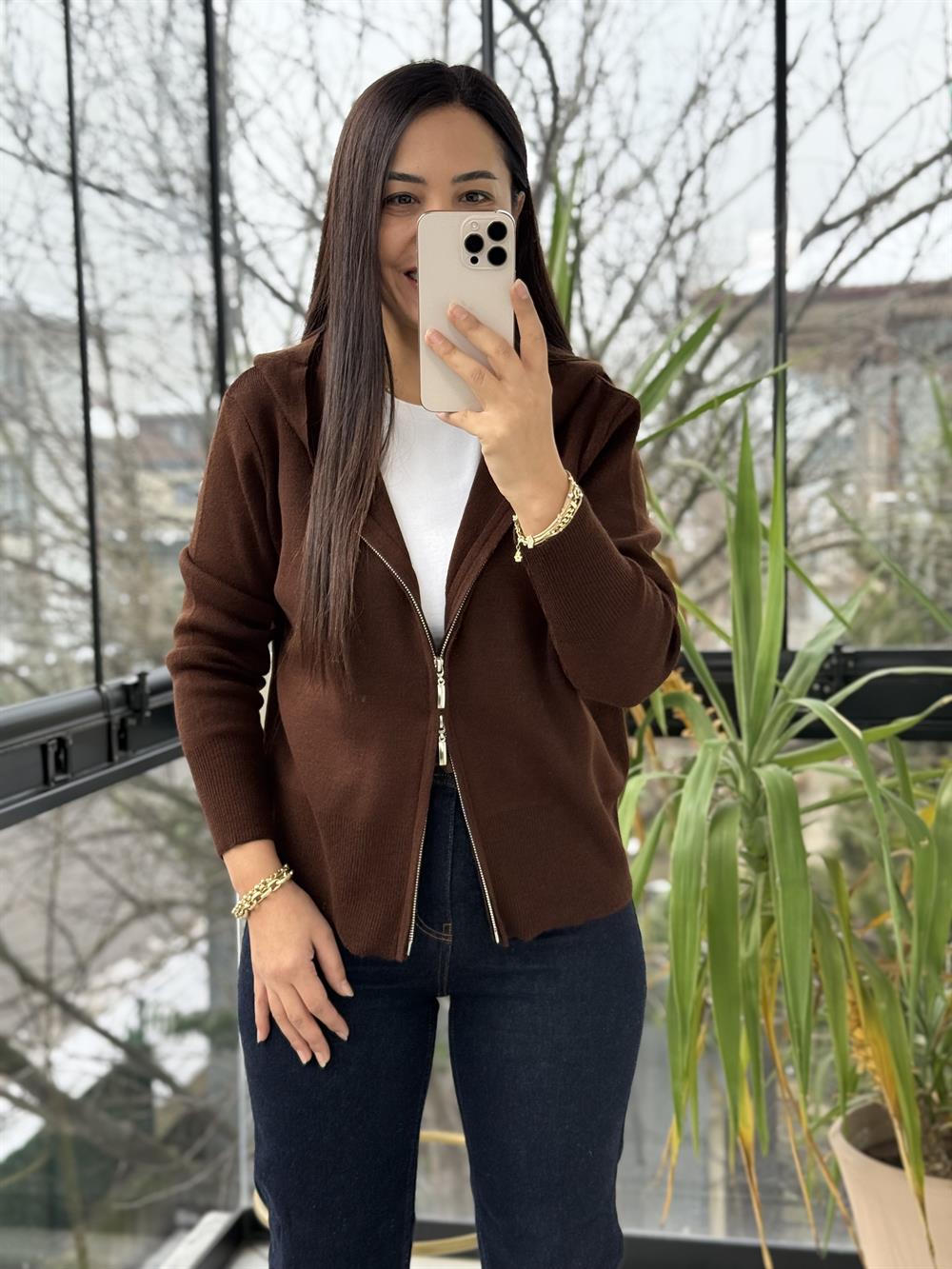 Çift Fermuarlı Kapüşonlu Yumoş Basic Hırka Kahve