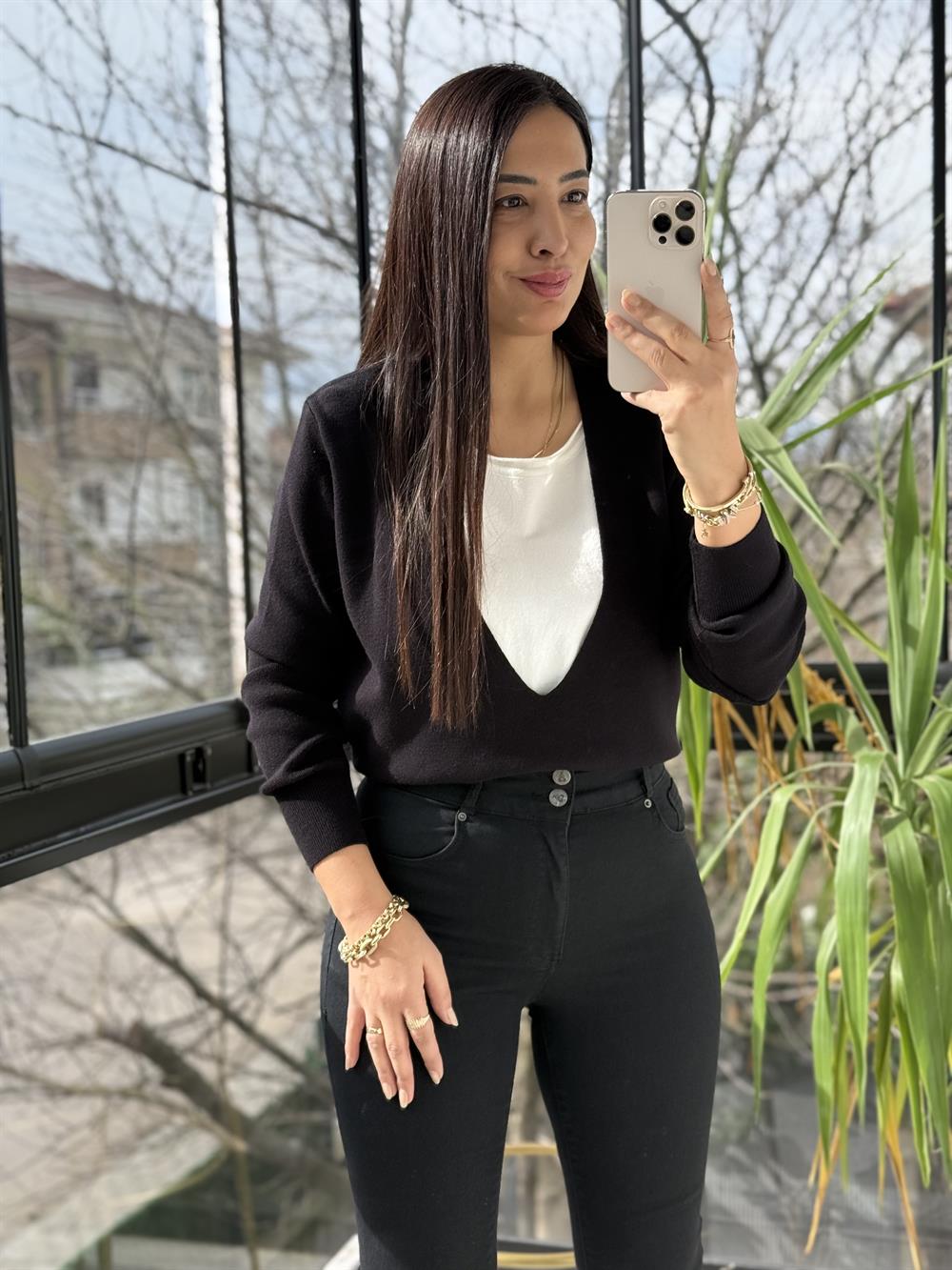 Çift Parça Görünümlü Triko Siyah