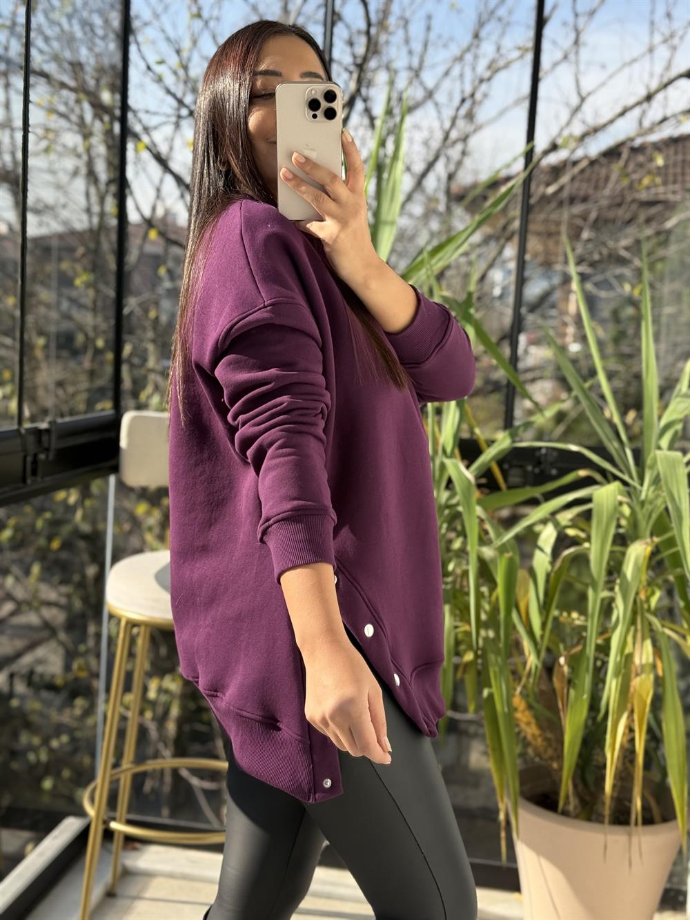 Yanı Çıtçıtlı Sweatshirt Mürdüm