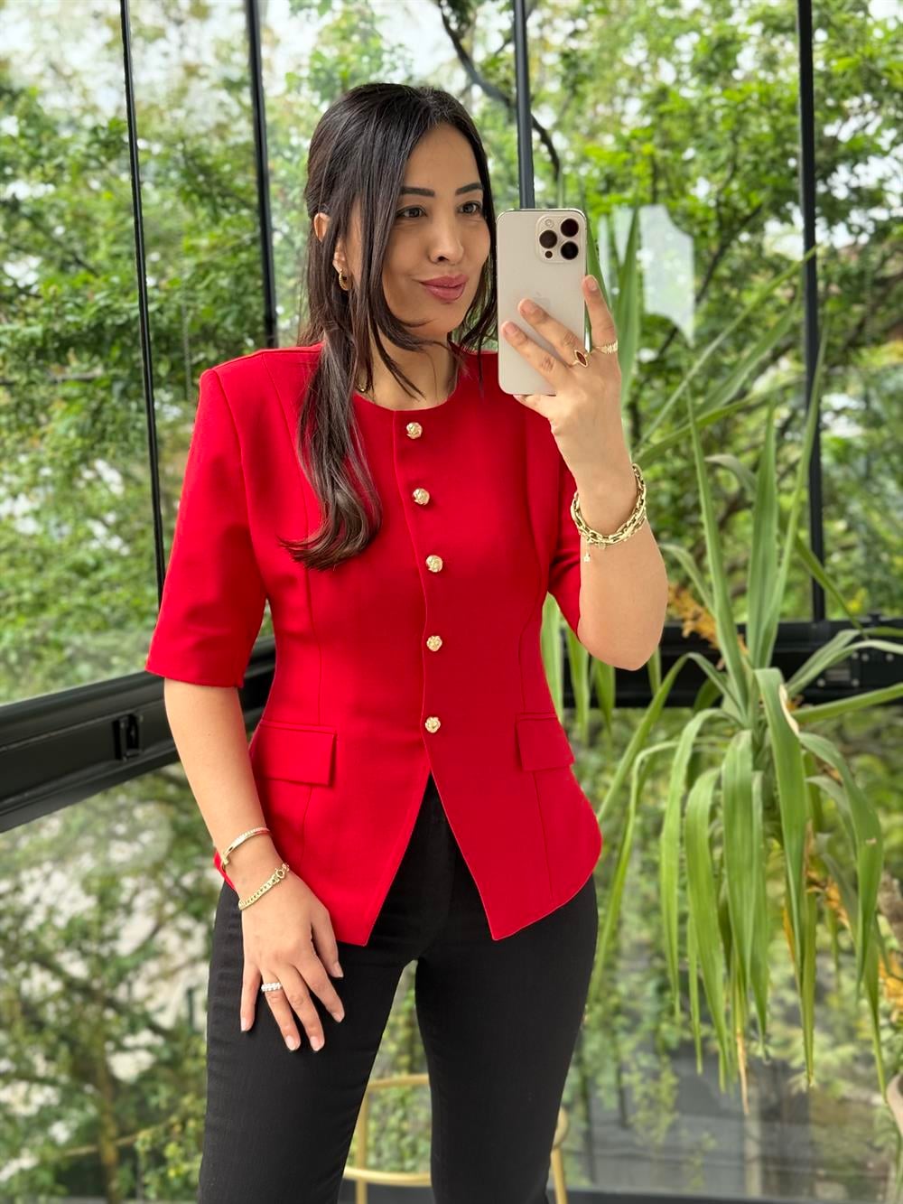 Slimfit Mini Gold Düğme Kısa Kol Blazer Kırmızı