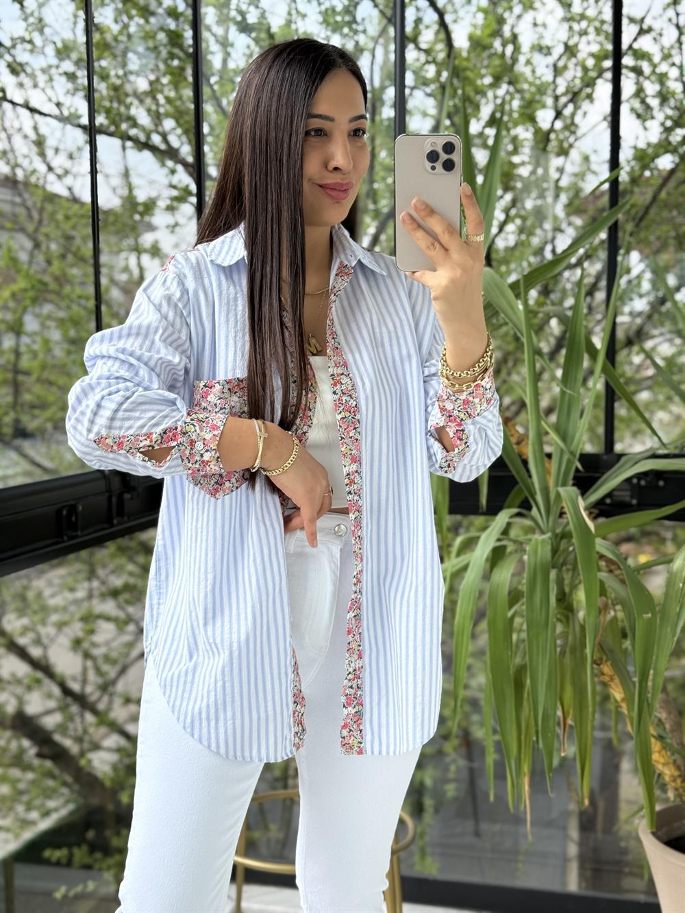 Çiçek Detaylı Çizgili Gömlek Mavi