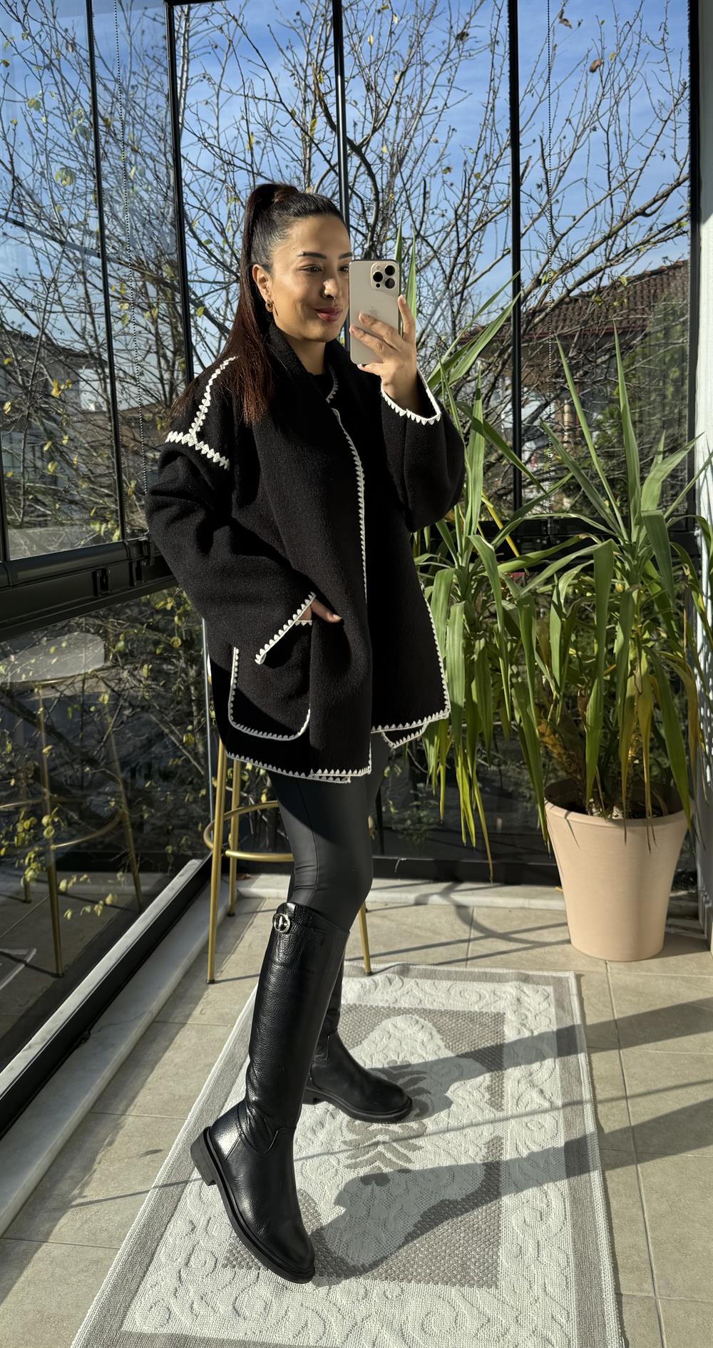 Şal Yaka Kaşe Kimono Ceket Siyah