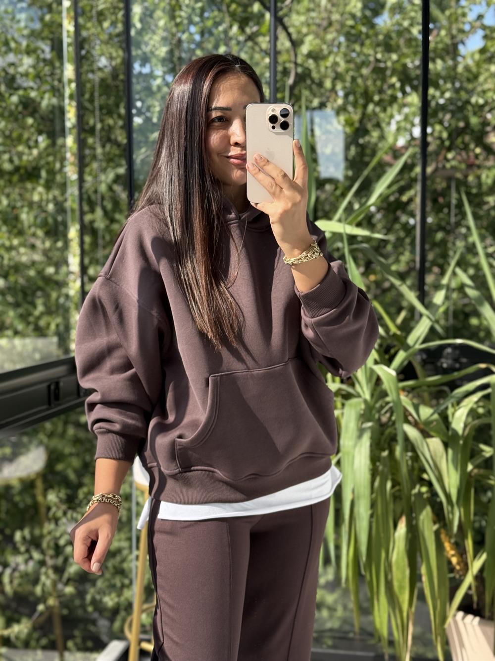 Kanguru Cep Kapşonlu Sweatshirt Kahve