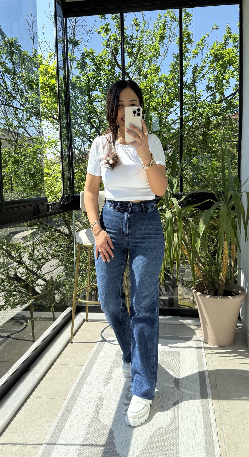 Dekoratif Cep Detaylı Palazzo Kot Pantolon Mavi