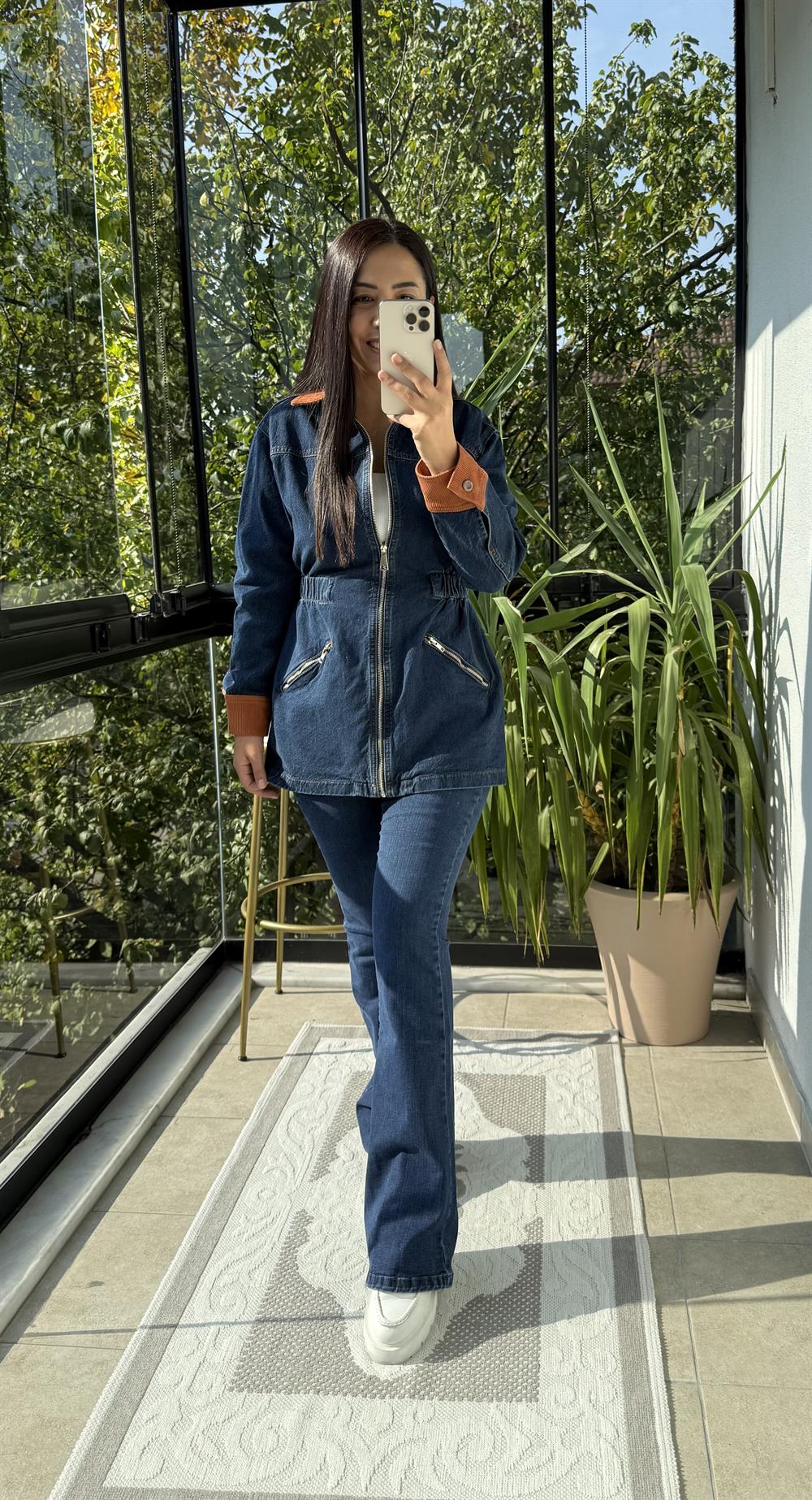 Kadife Detaylı Fermuarlı Kot Ceket Lacivert