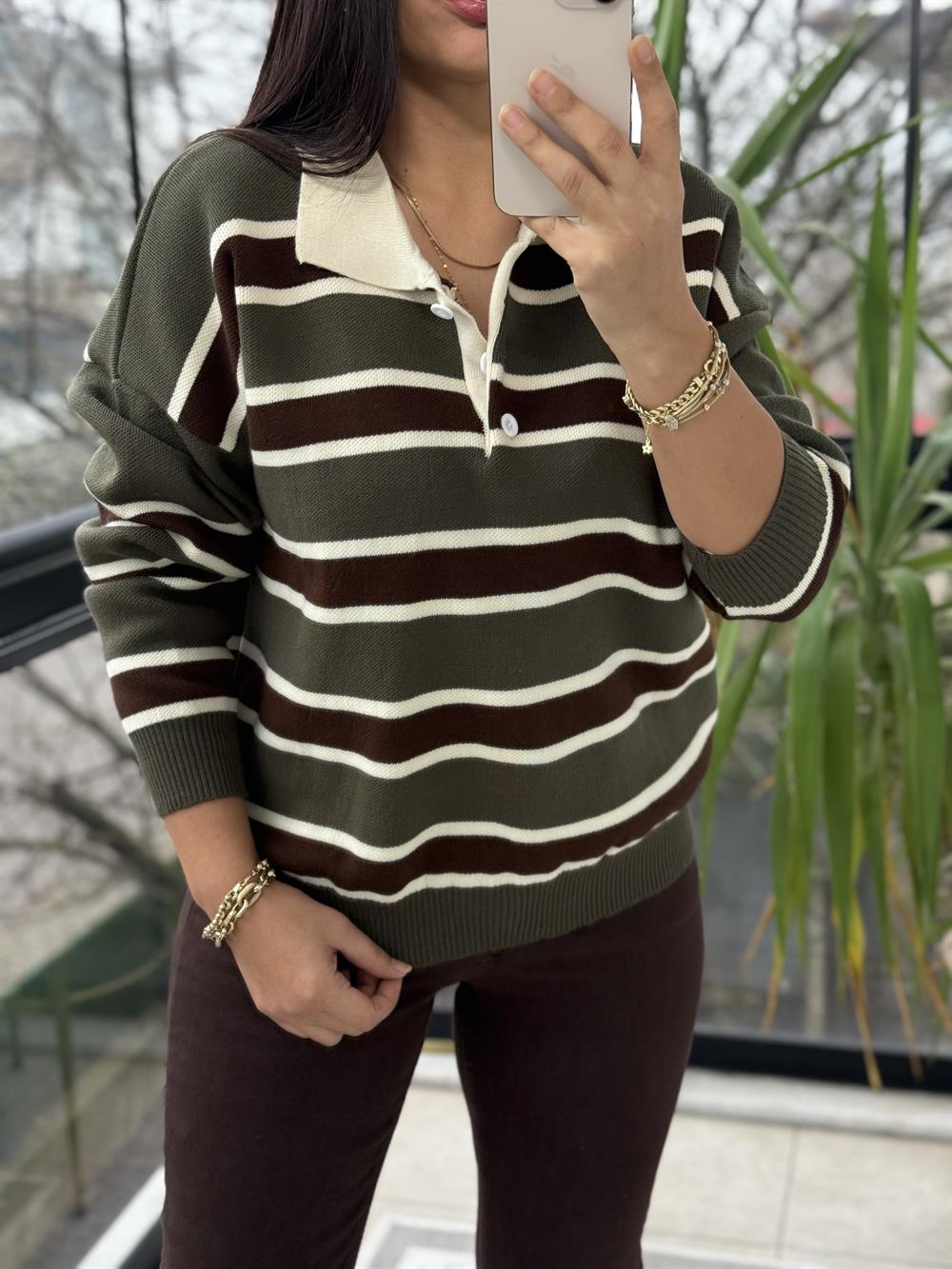 Polo Yaka Çizgili Triko Kazak Haki Yeşili