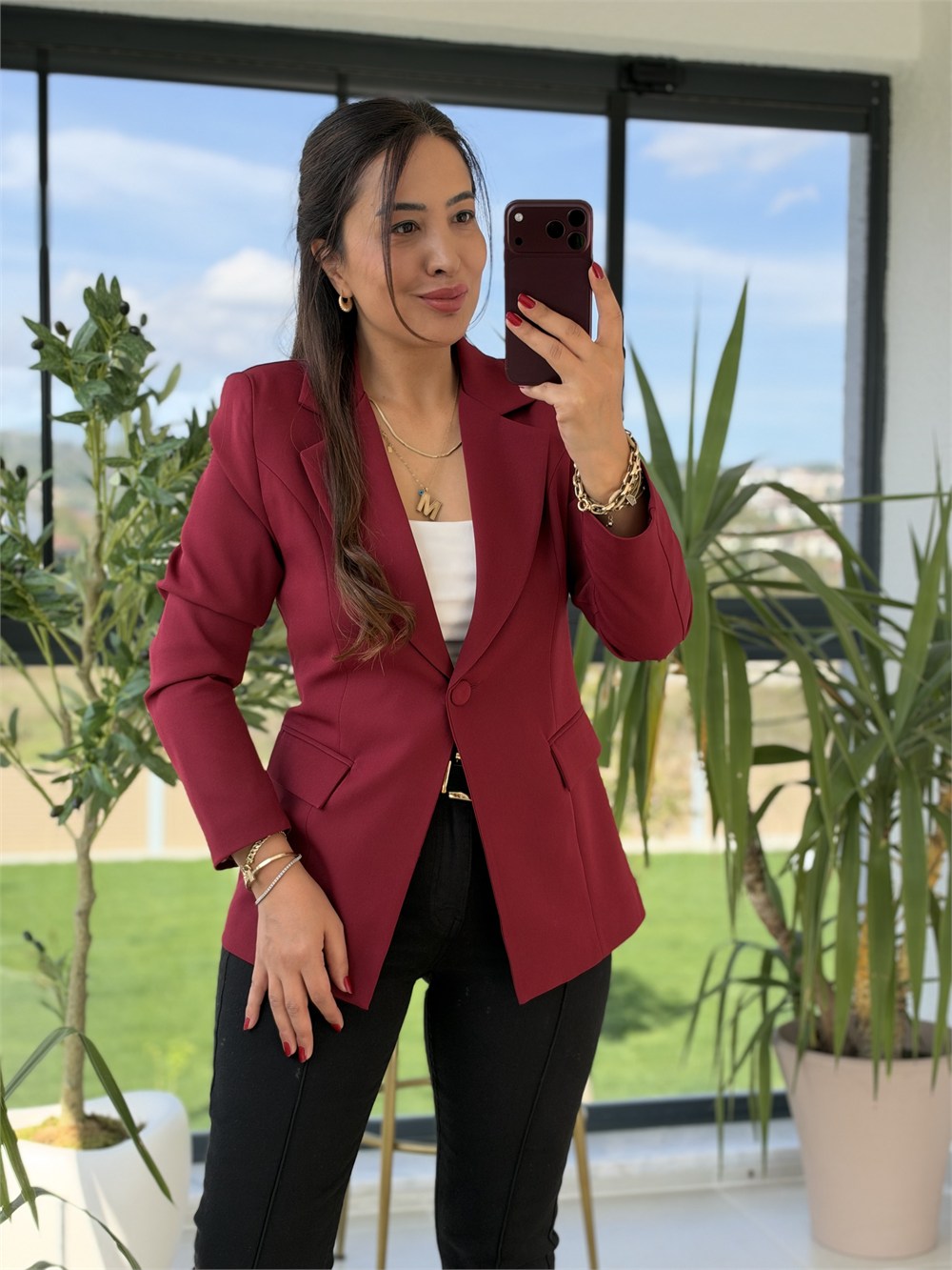 Tek Düğme Blazer Ceket Bordo