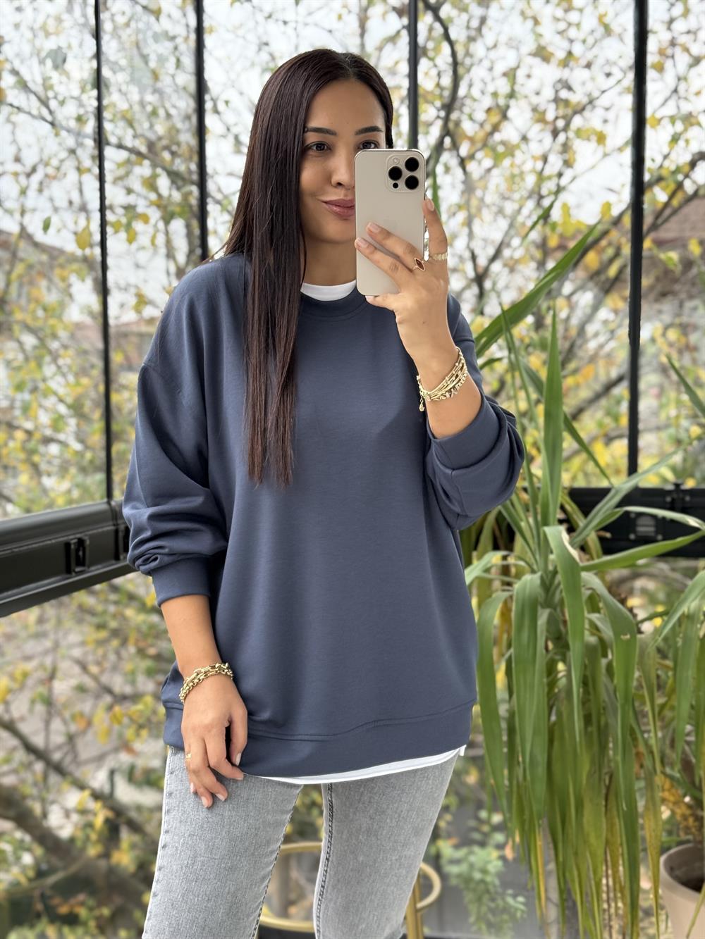 Oysh Basic Sweatshirt İndigo Mavi