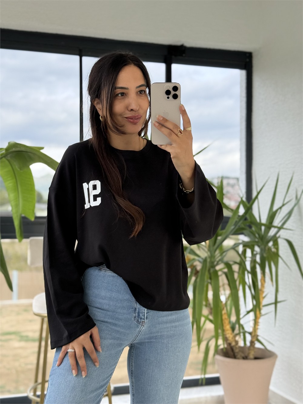 91 Baskılı Basic Sweatshirt Siyah