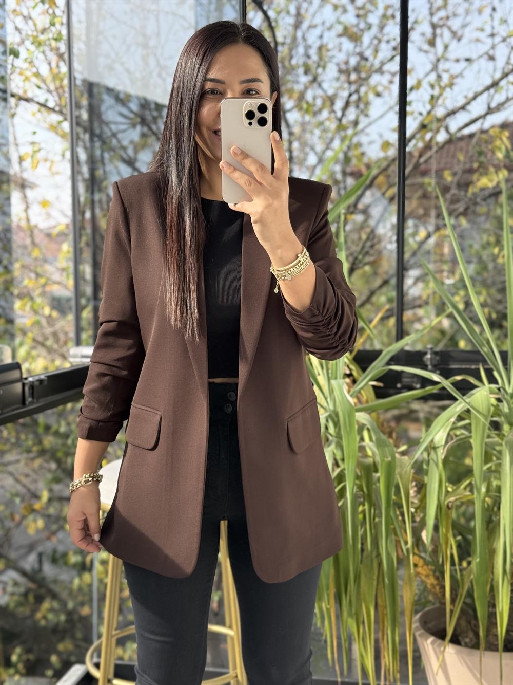 Kolu Büzgülü Blazer Ceket Kahve