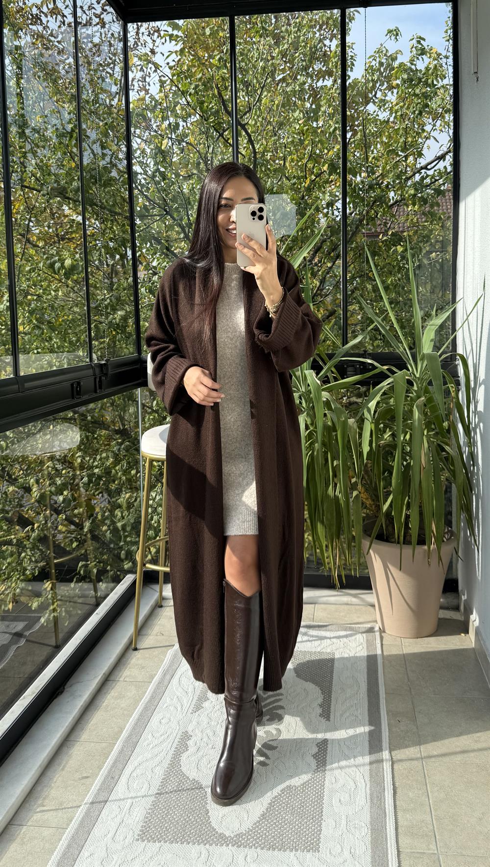 Şal Yaka Uzun Hırka Kahve