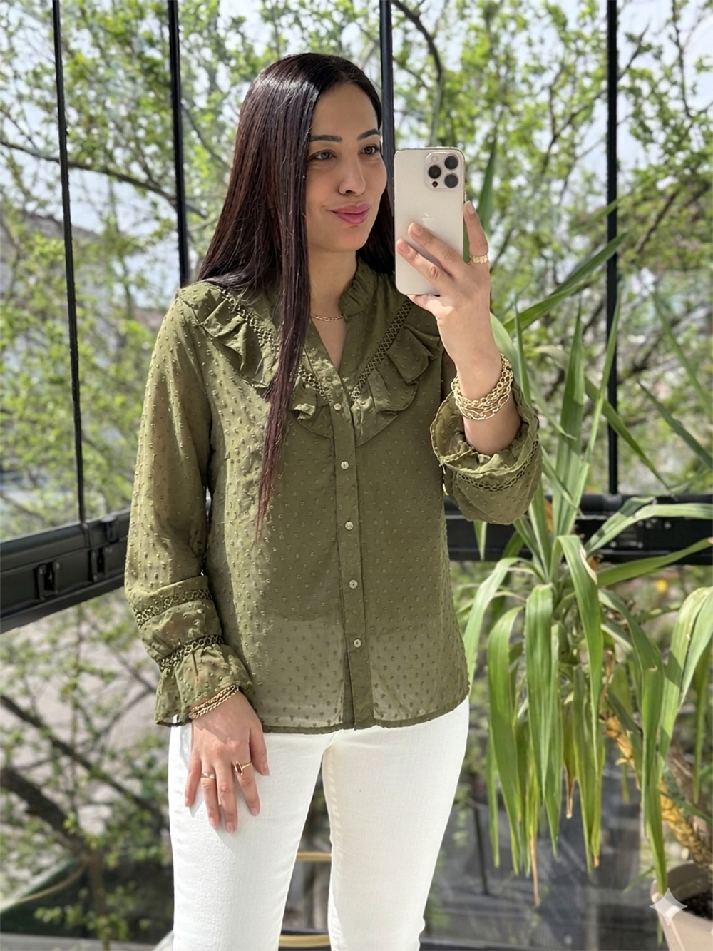 V Dantel Detaylı Gömlek Haki Yeşili