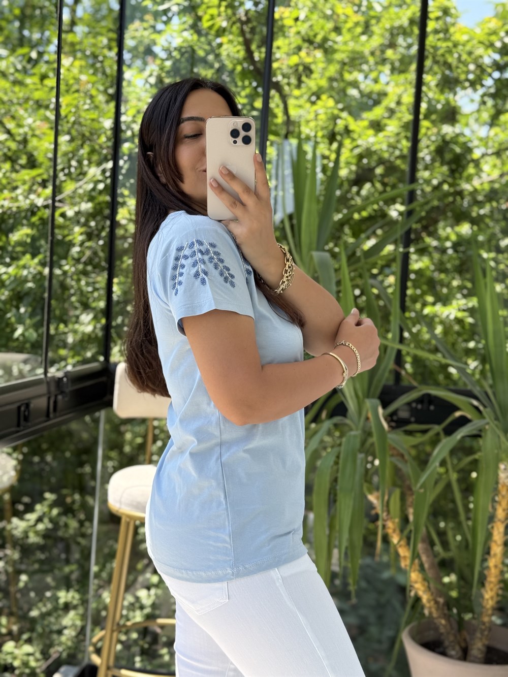 Flora Boncuk Detaylı Tişört Bebe Mavi
