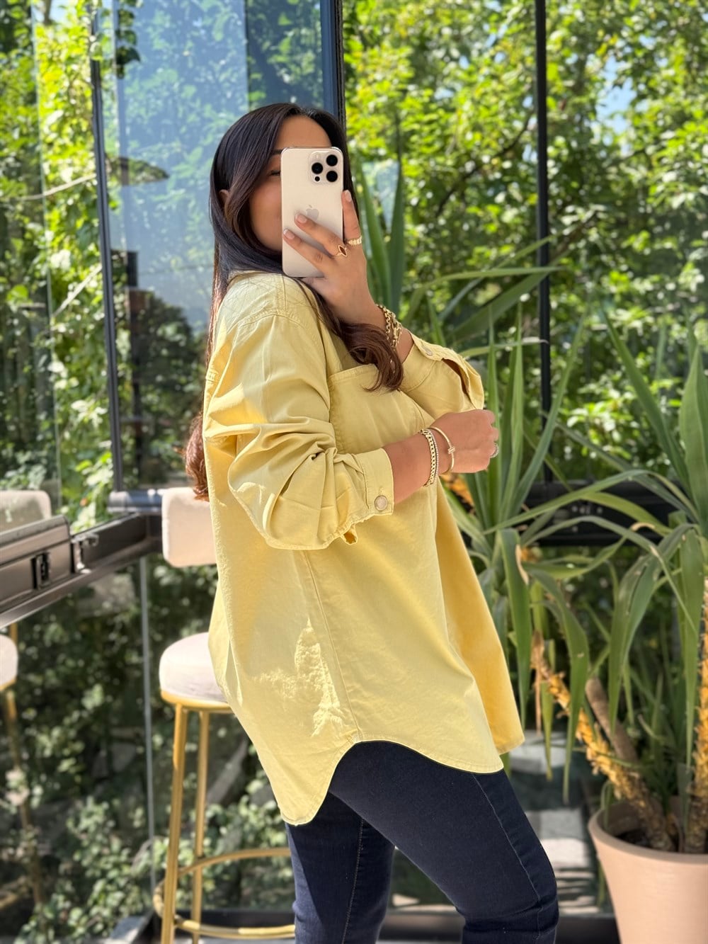 Düğmeli Oversize Gömlek Hardal