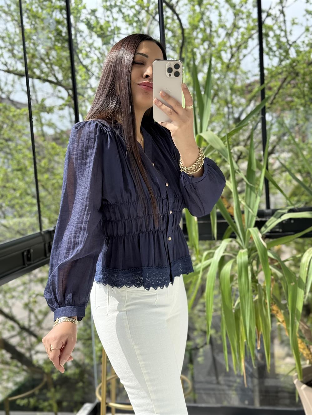 Dantel Rüya Gömlek Bluz Lacivert