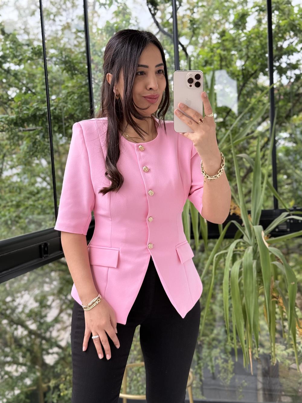 Slimfit Mini Gold Düğme Kısa Kol Blazer Pembe