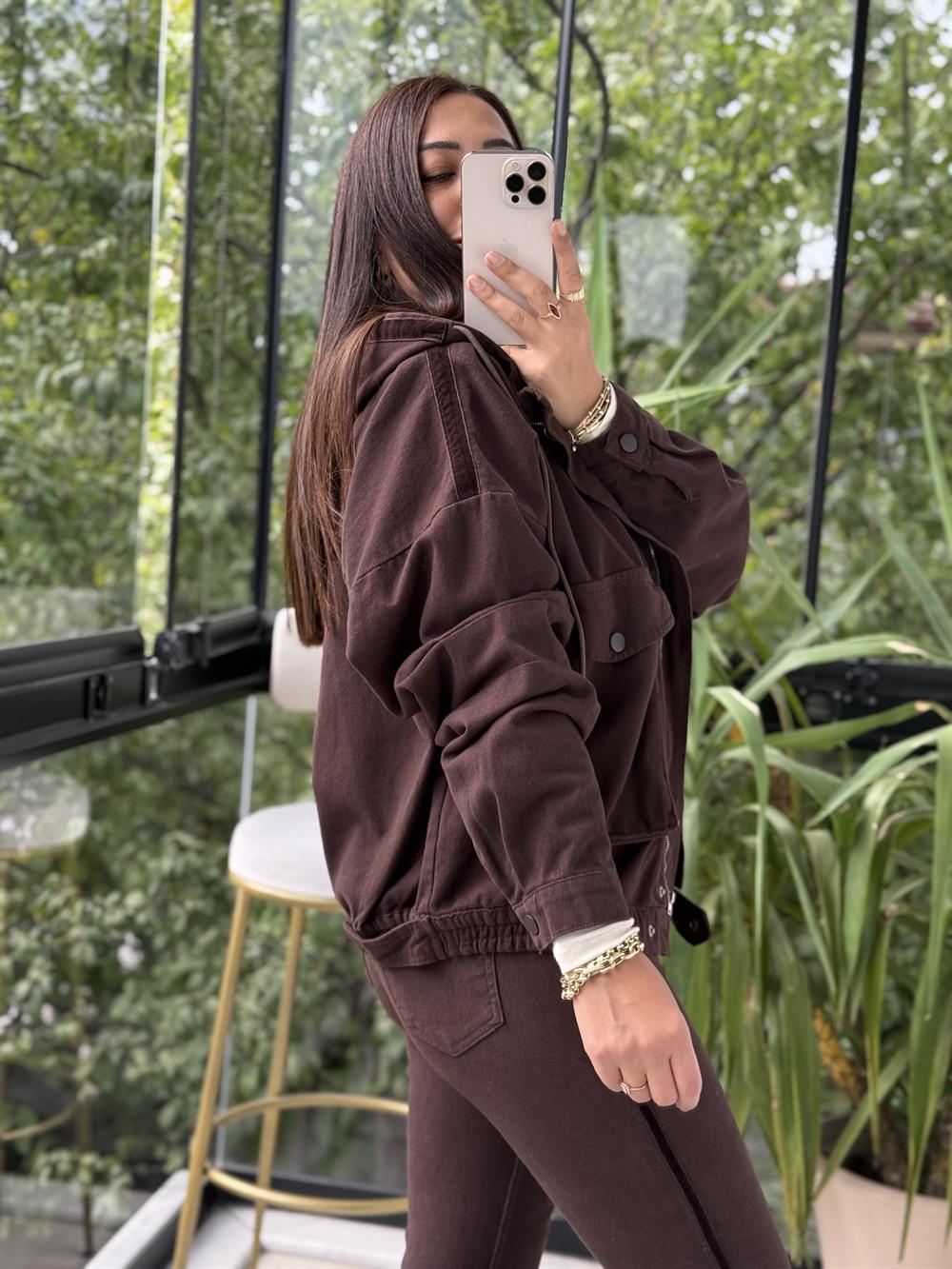 Kapüşonlu Kot Ceket Kahve