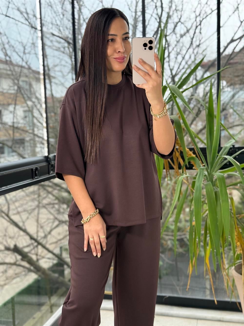 Modal Tişörtlü Basic Takım Kahve