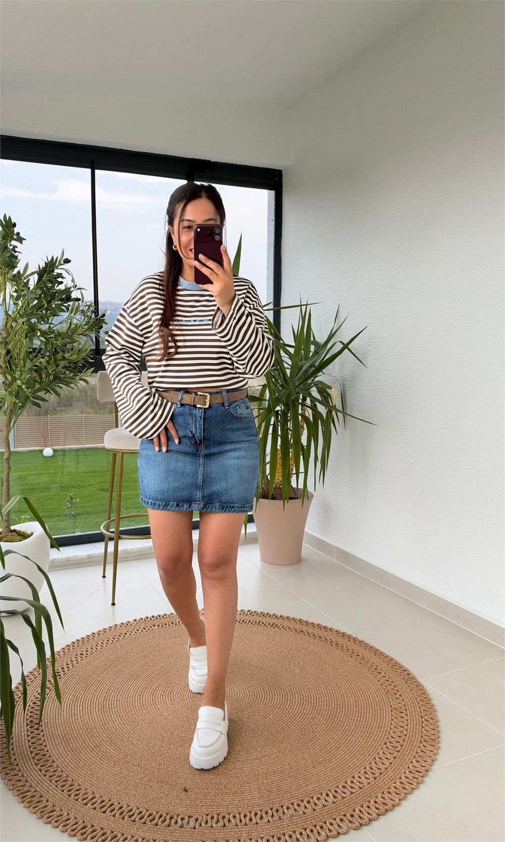 Biyeli Çizgili Sweatshirt Kahve