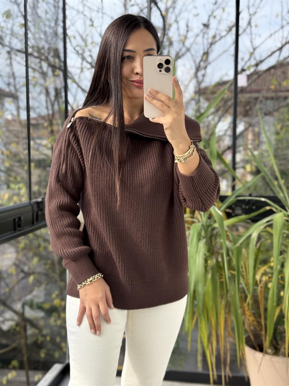 Yandan Fermuarlı Geniş Yaka triko Kazak Kahve