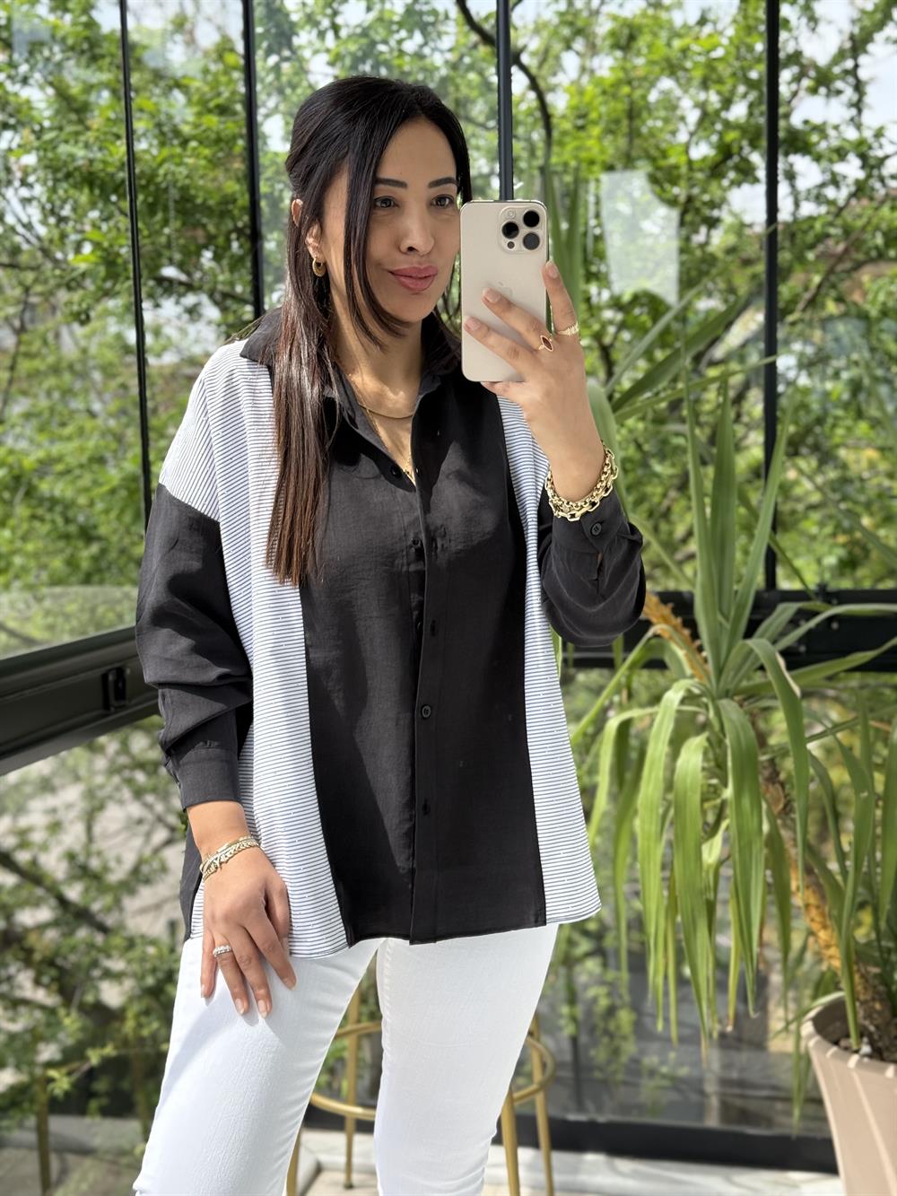 Mix Kumaş Taşlı Gömlek Siyah