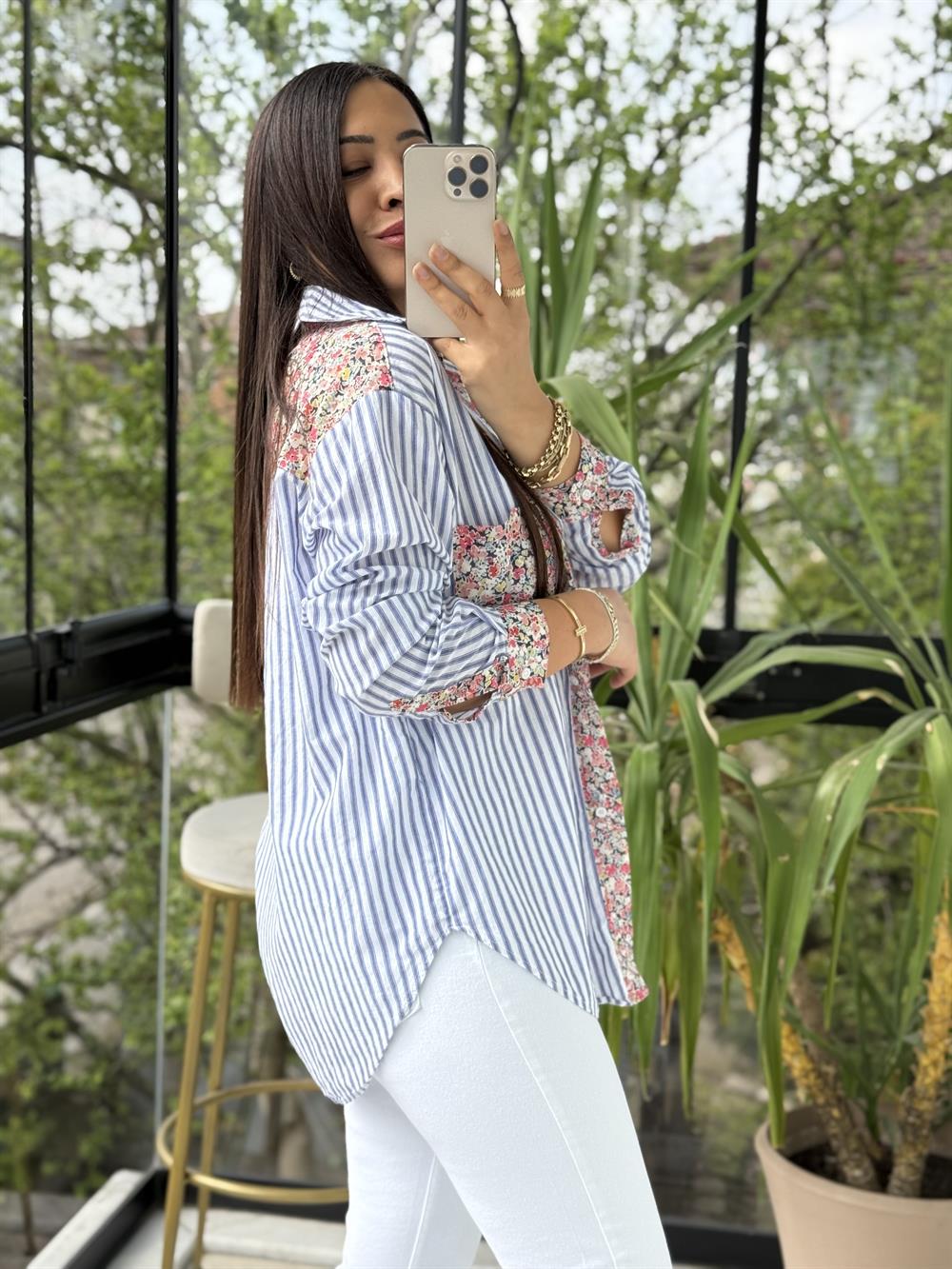 Çiçek Detaylı Çizgili Gömlek Lacivert