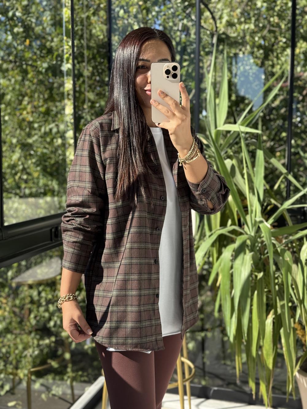 Ekoseli Oversize Gömlek Koyu Kahve