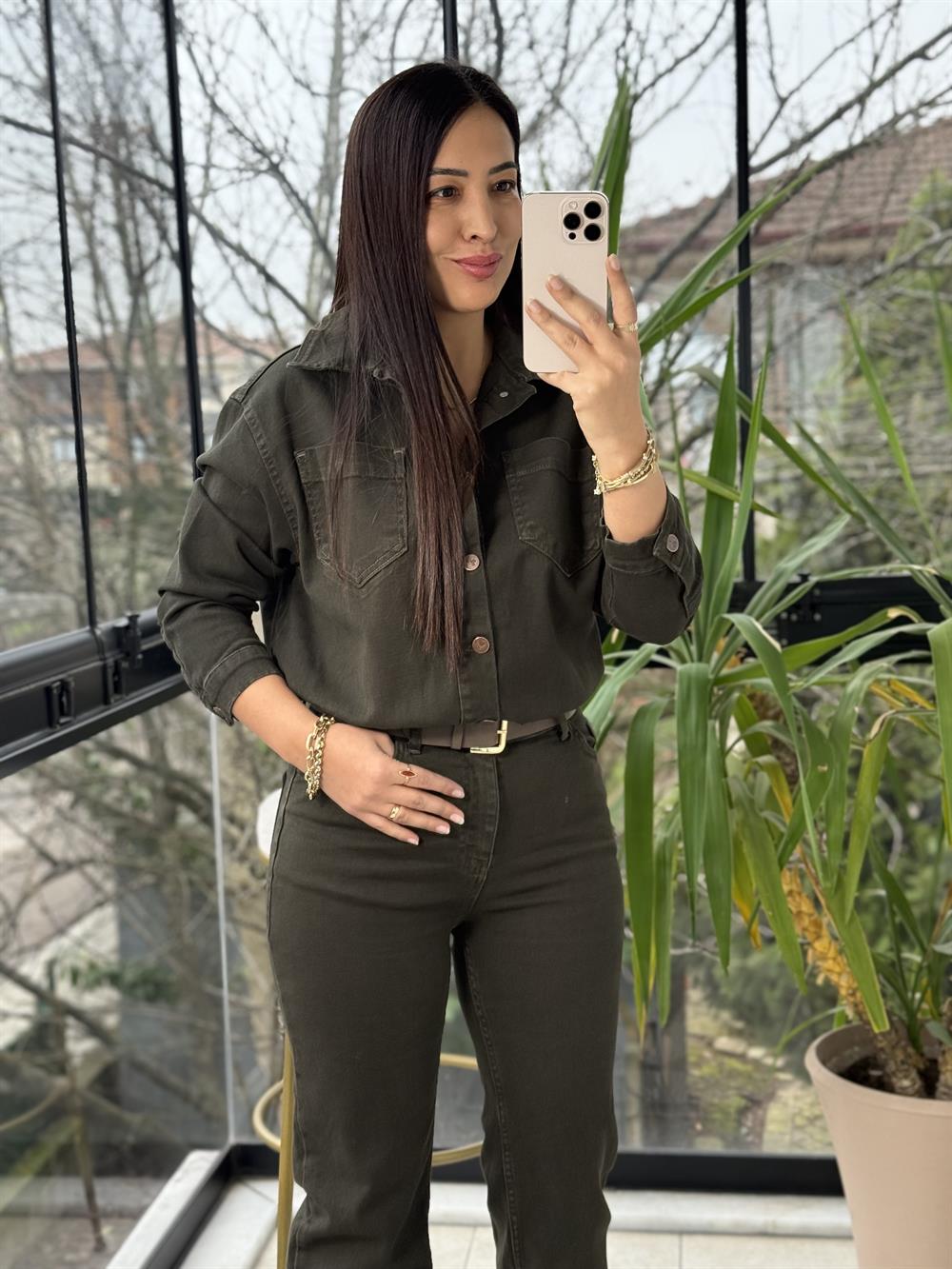 Beli Büzgülü Klasik Kot Tulum Haki Yeşili