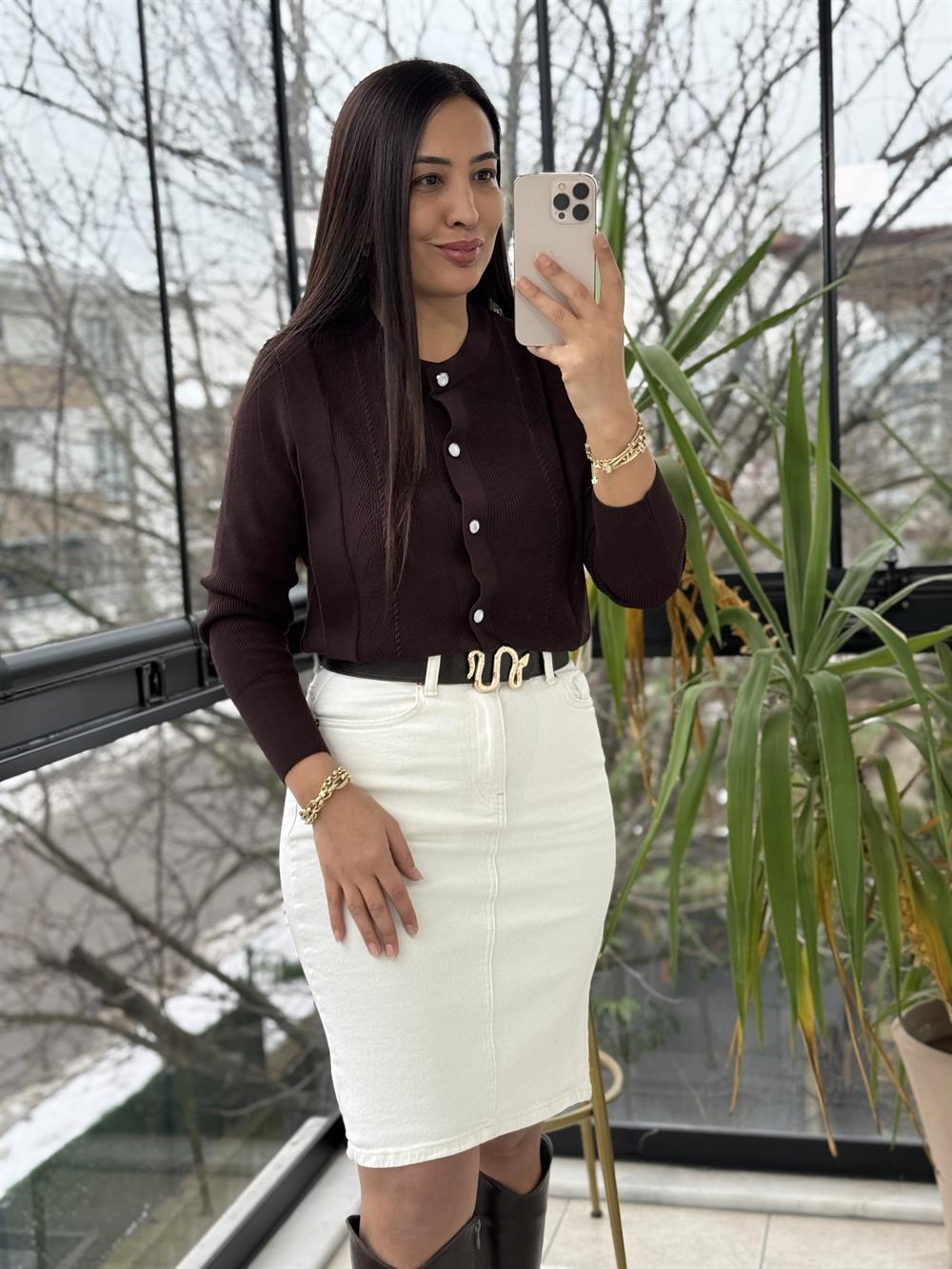 Triko Detaylı Bluz Kahve