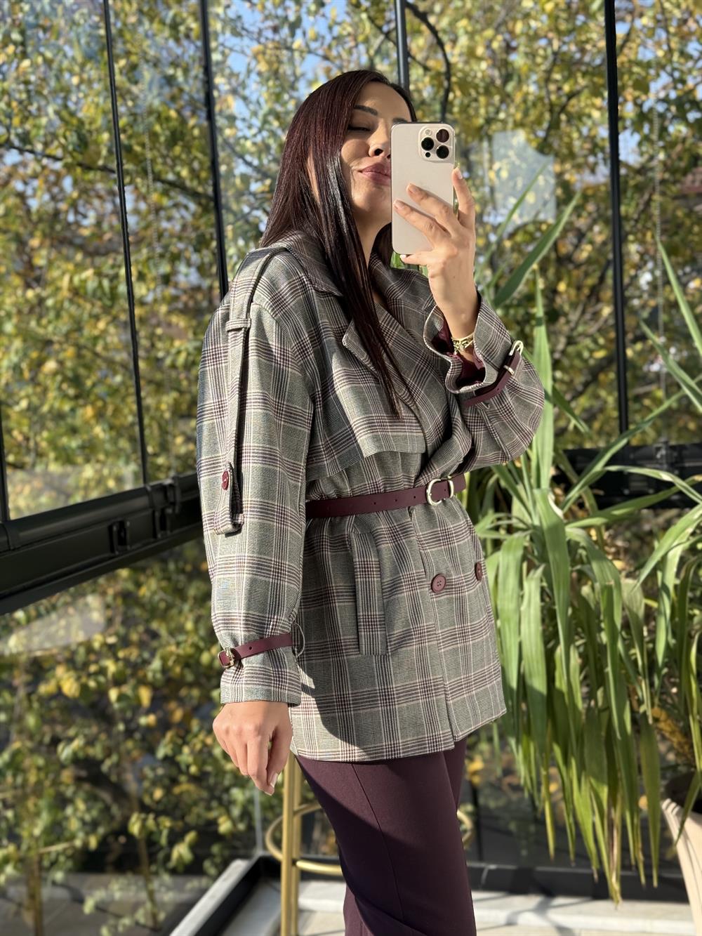 Ekose Kemerli Trenç Bordo