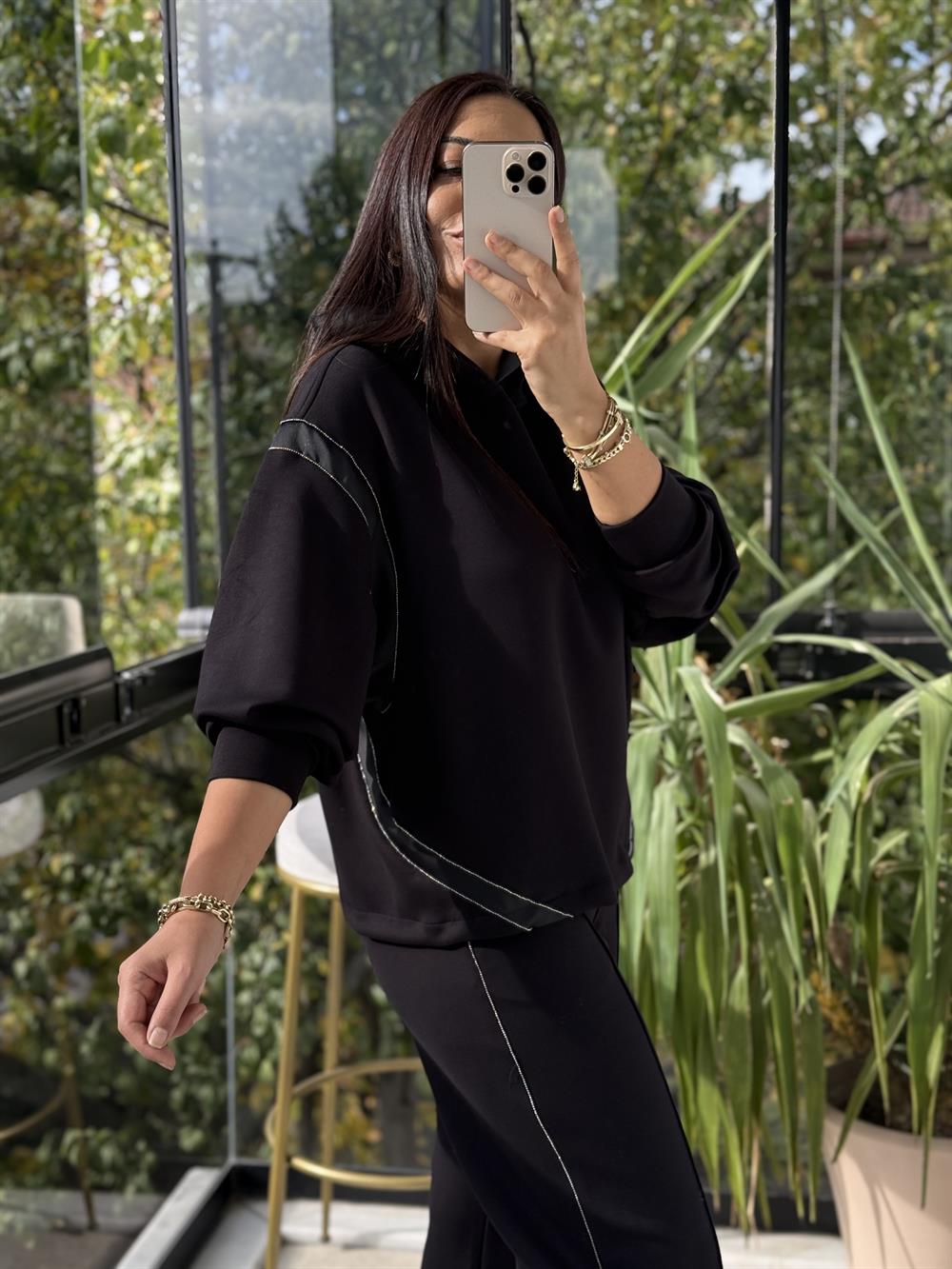 Taşlı Şeritli Takım Siyah