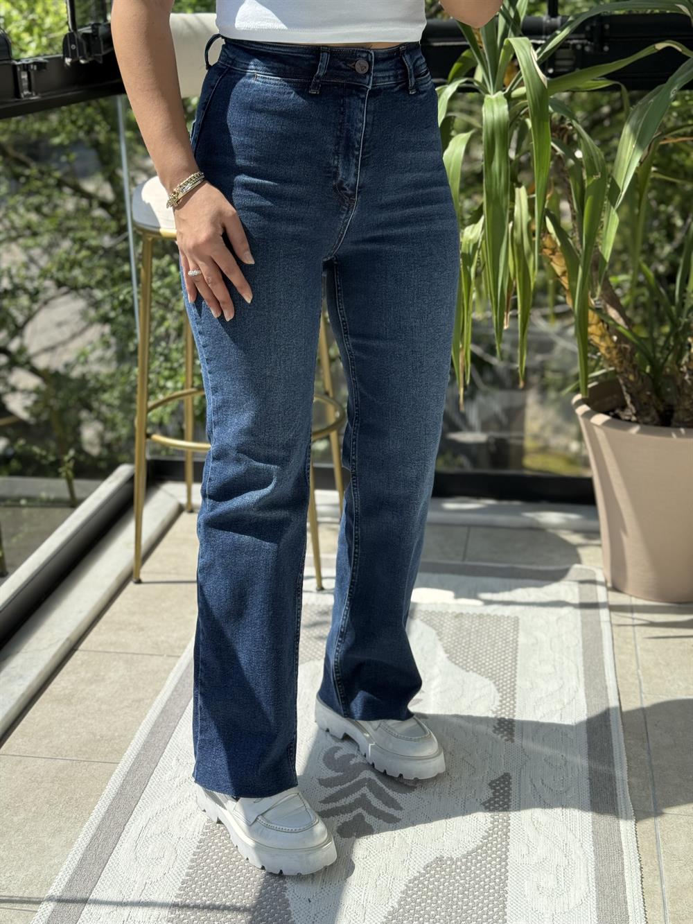 Dekoratif Cep Detaylı Palazzo Kot Pantolon Mavi