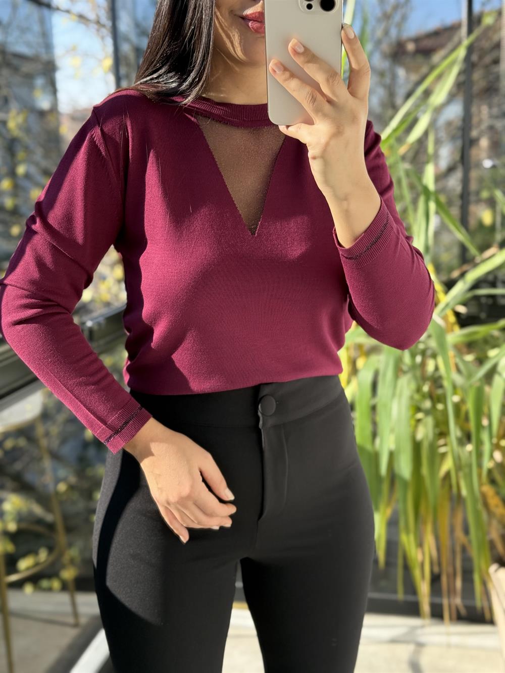 Tül Yaka Detaylı Merserize Triko Mürdüm