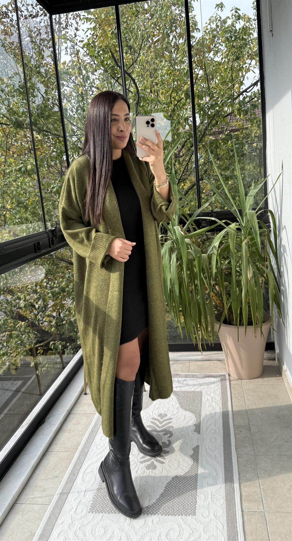 Şal Yaka Uzun Hırka Yeşil