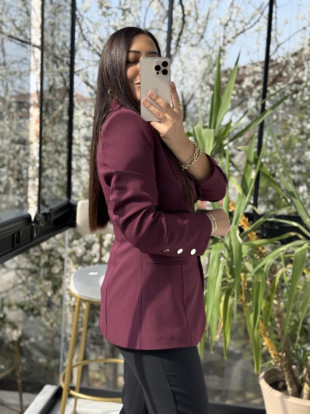 Beş Düğme Slimfit Blazer Ceket Bordo