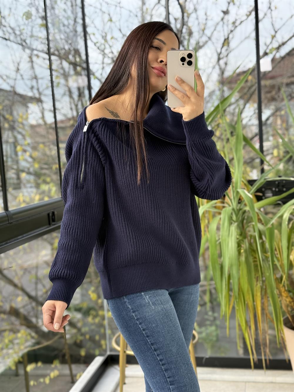 Yandan Fermuarlı Geniş Yaka triko Kazak Lacivert