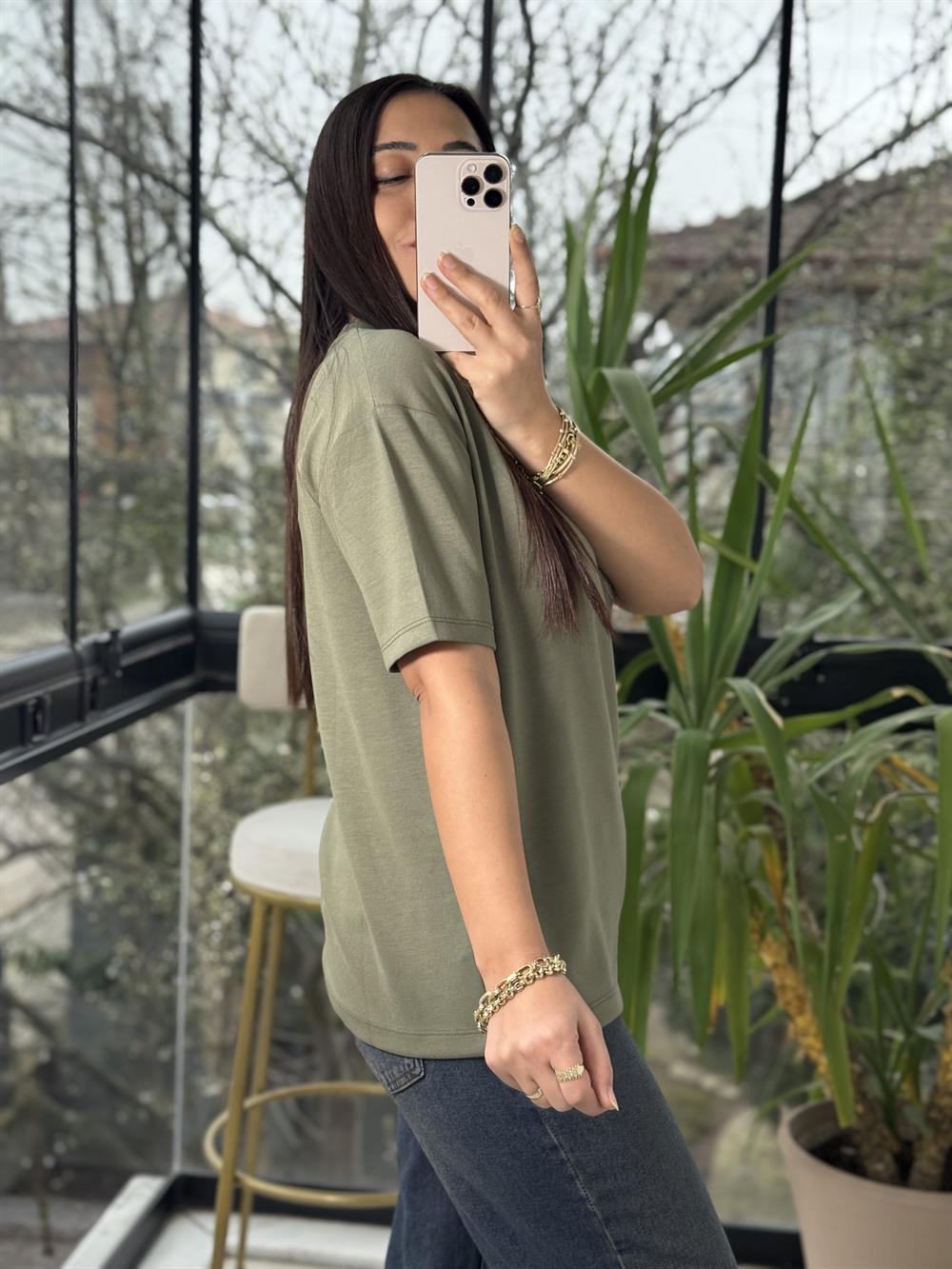 Oysh Modal Basic Tişört Haki Yeşili