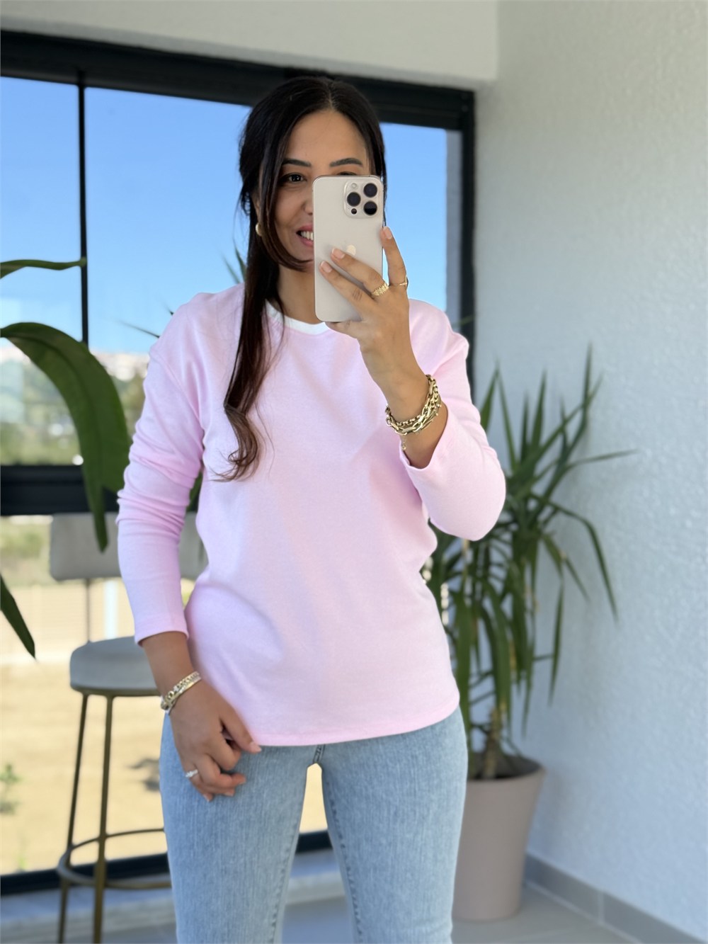 Yakası Biyeli Sweat Bluz Pembe