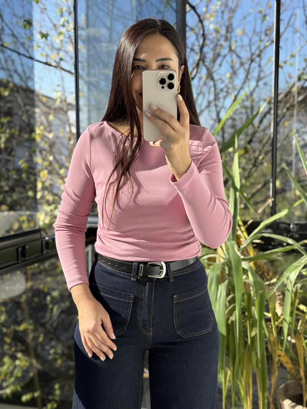 Büzgülü Kayık Yaka Top Bluz Gül