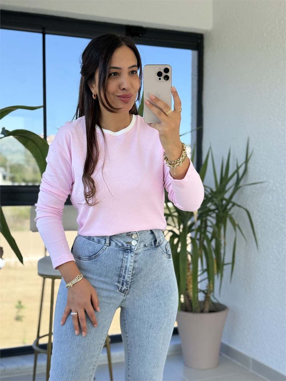 Yakası Biyeli Sweat Bluz Pembe