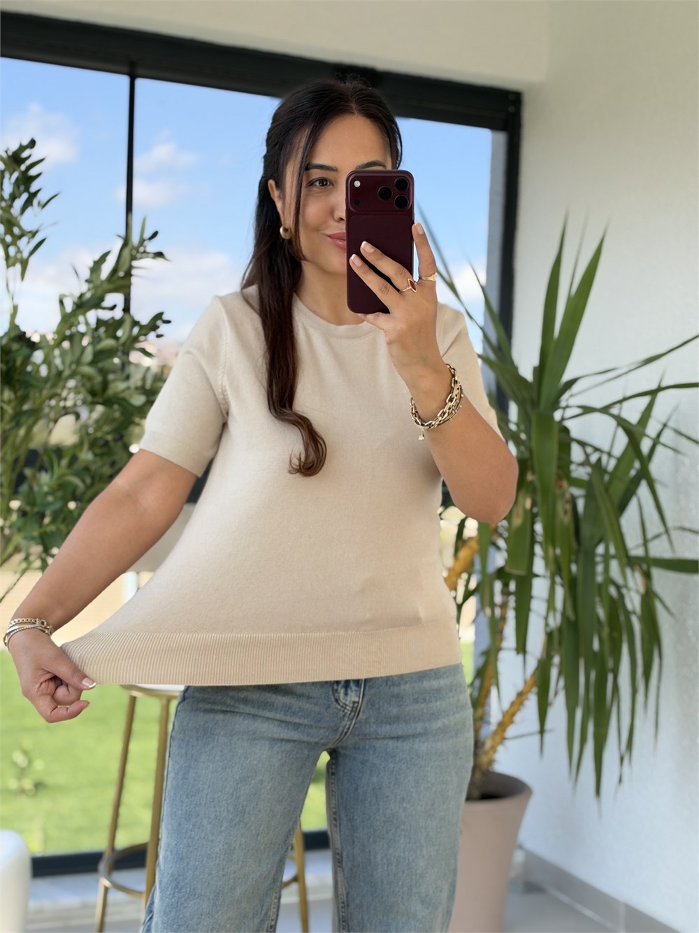 Bisiklet Yaka Kısa Kol Basic Triko Bluz Açık Bej