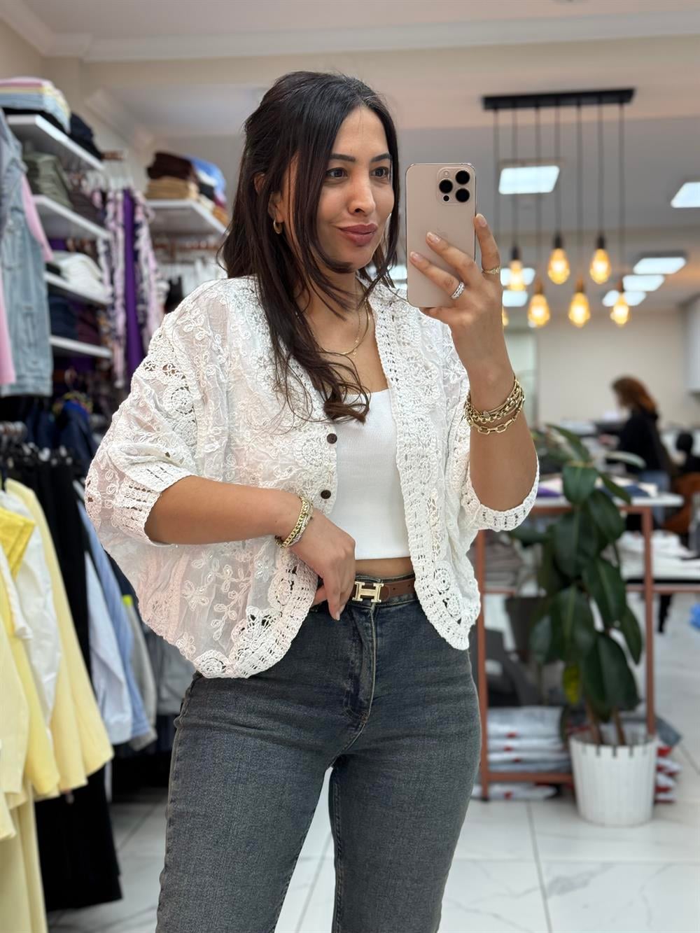 Payetli Çiçekli Kısa Kol Hırka Beyaz