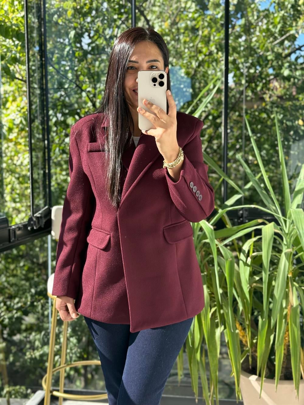 Kaşe Slim Blazer Ceket Bordo