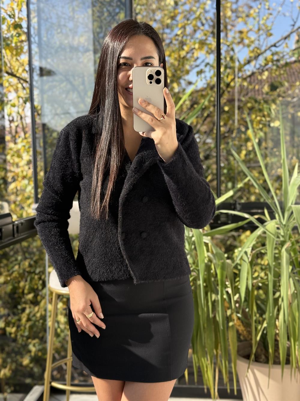 Çift Düğmeli Angora Hırka Siyah