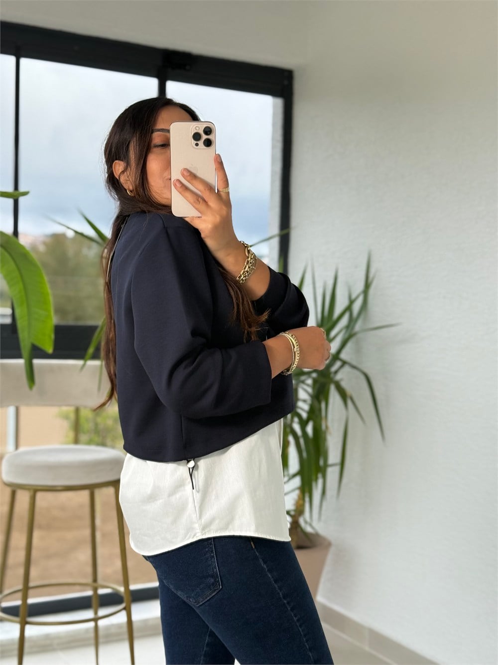 Nakışlı Gömlekli Sweatshirt Lacivert