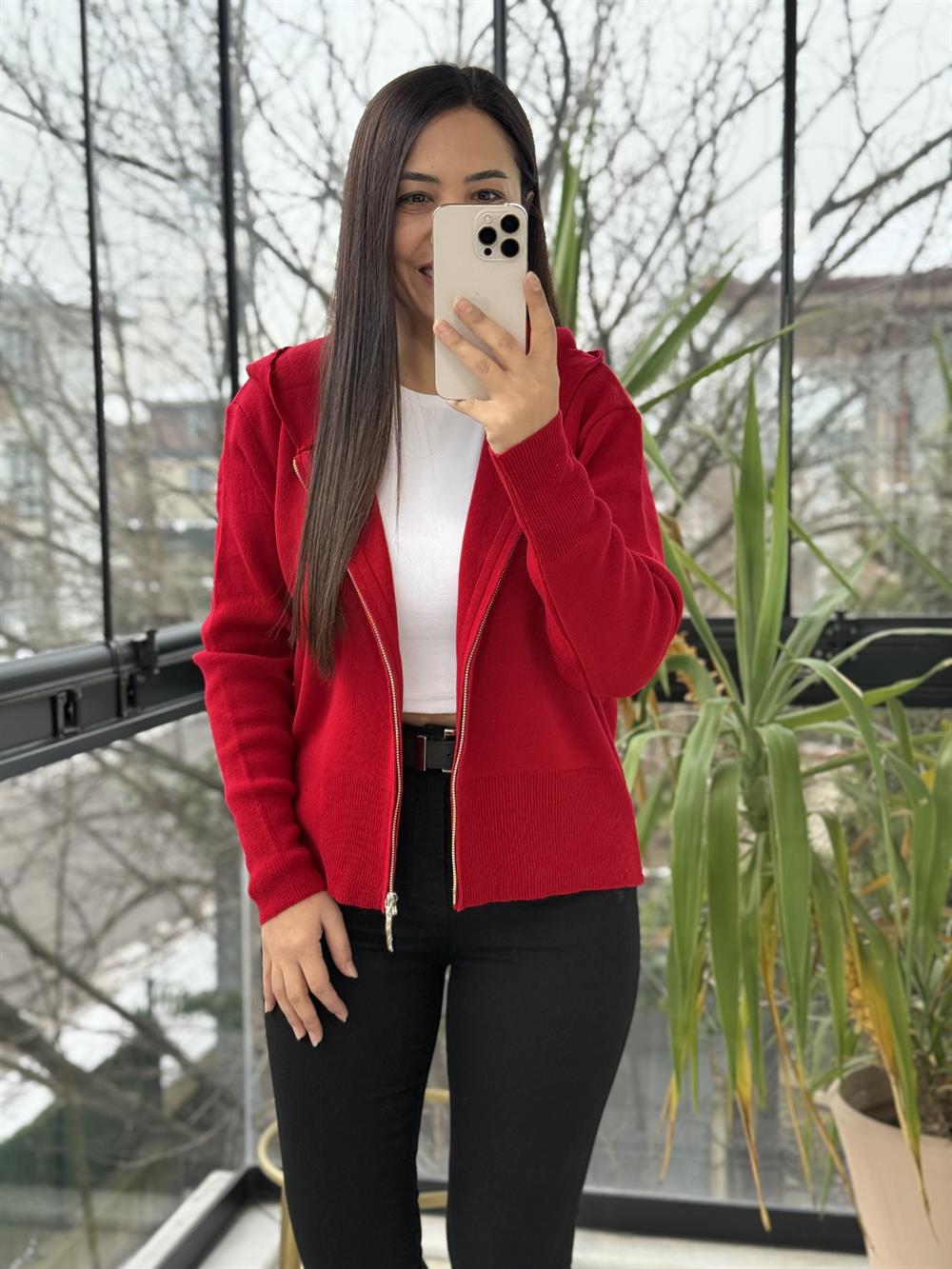 Çift Fermuarlı Kapüşonlu Yumoş Basic Hırka Kırmızı