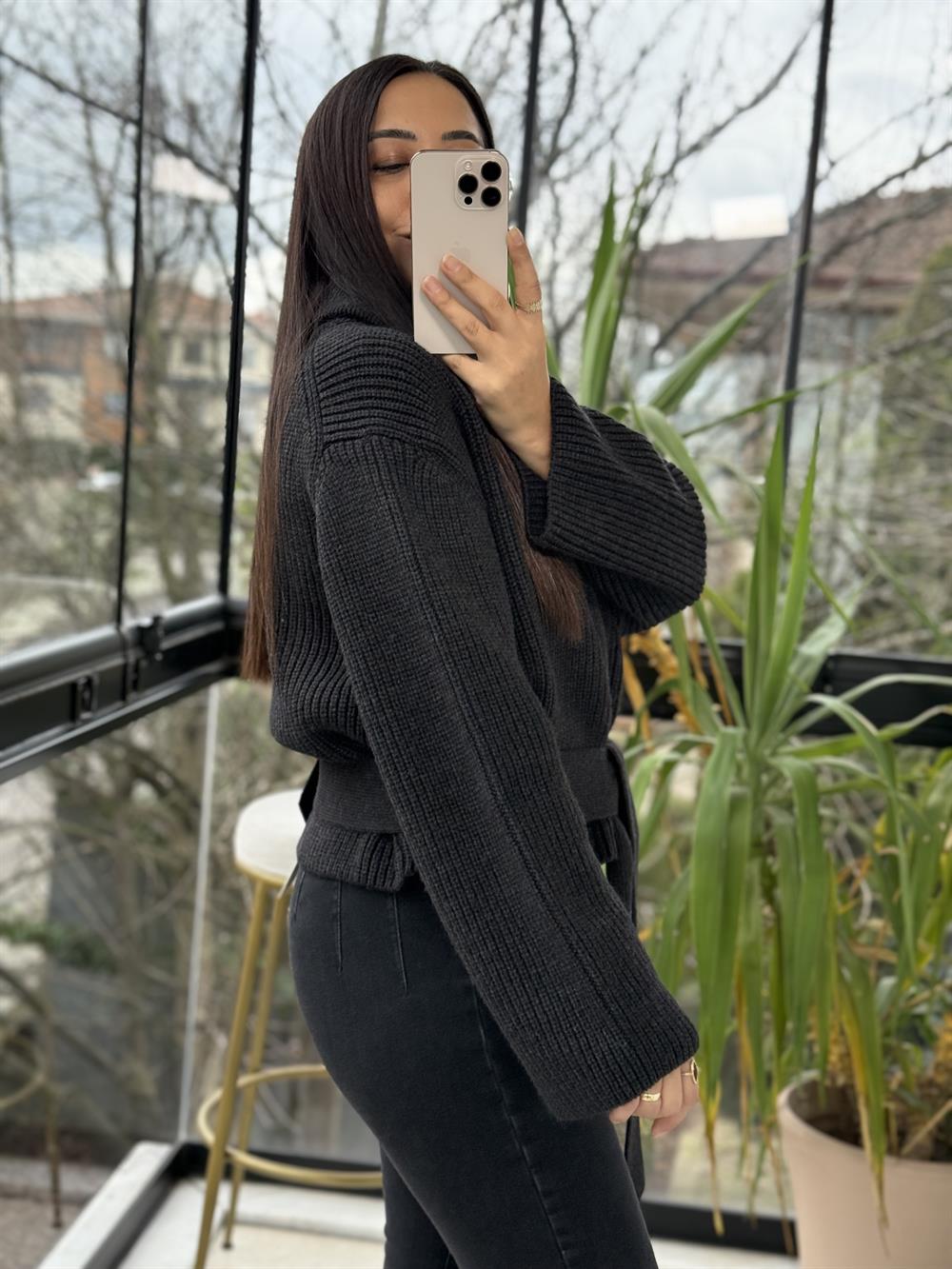 Dilvin Fermuarlı Kemerli Düğmeli Yünlü Triko Hırka Antrasit