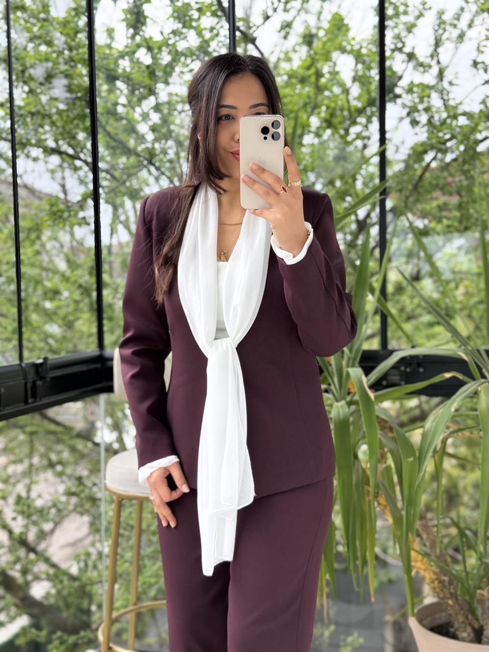 Kendinden Şallı Ceket Takım Mürdüm