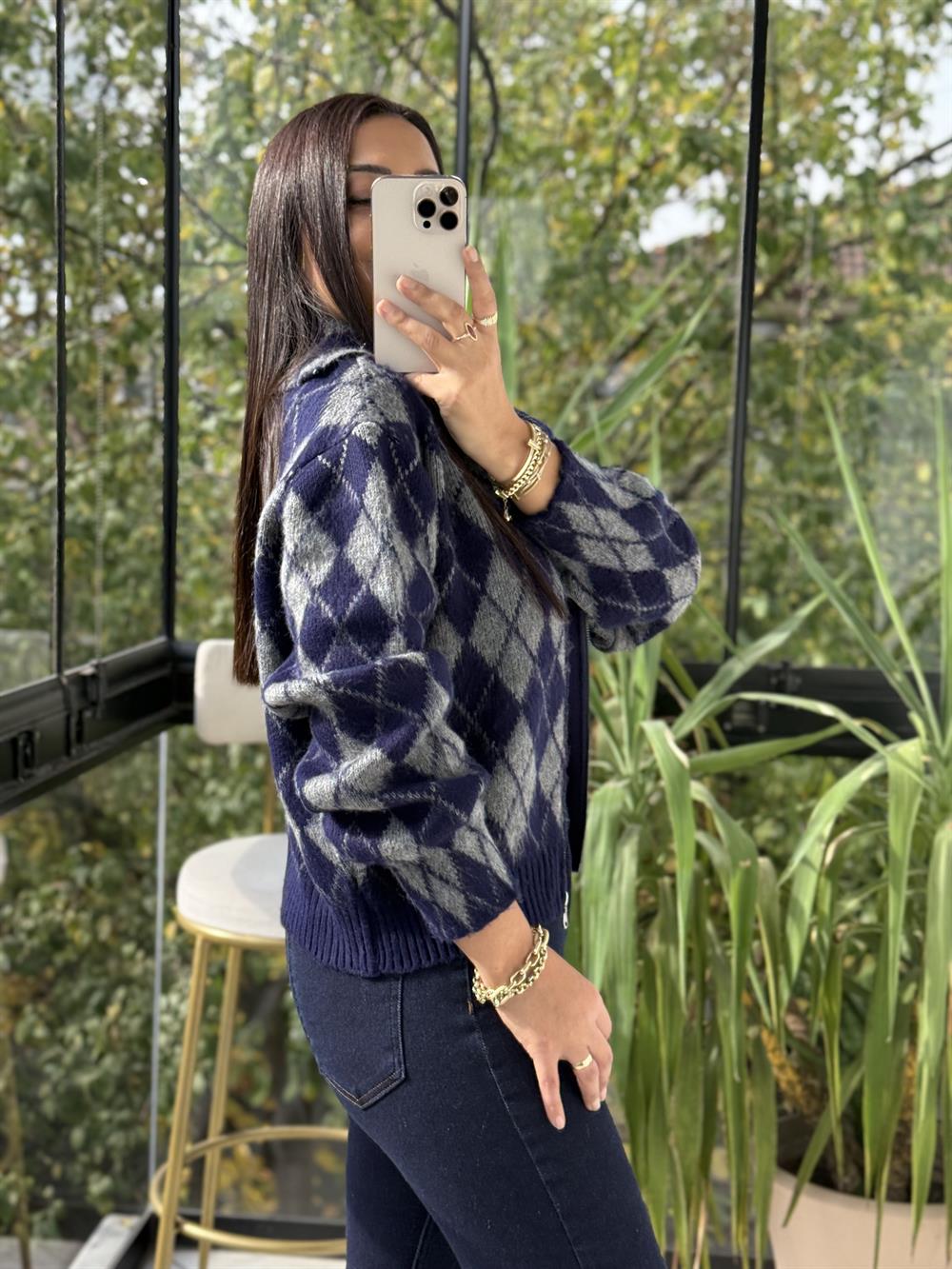 Yakalı Fermuarlı Baklava Hırka Lacivert